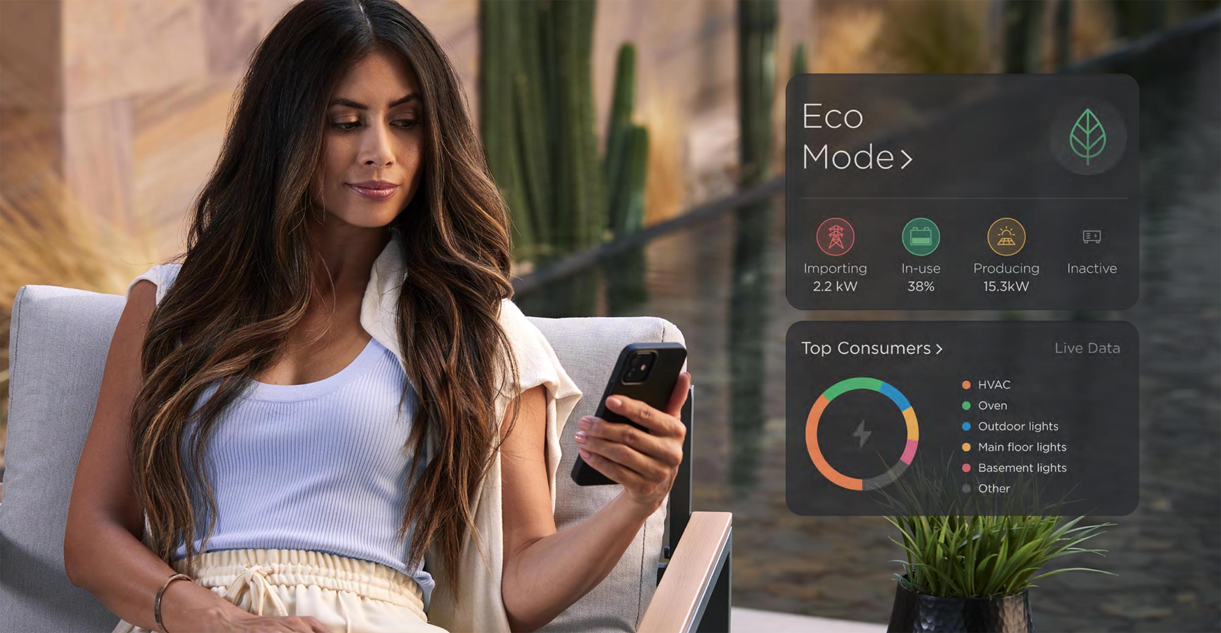 A woman relaxes while managing her home’s energy consumption using the Savant Power system on her smartphone, displayed with real-time eco mode data and top energy consumers.